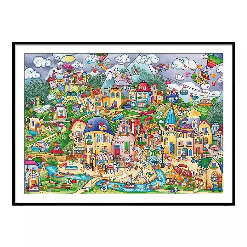 11ct 112X83cm  Town Cartoon Pre-Printed Cross Stitch DIY Embroidery Set Handmade Handicraft Floss Needle Crafts 99 Colors