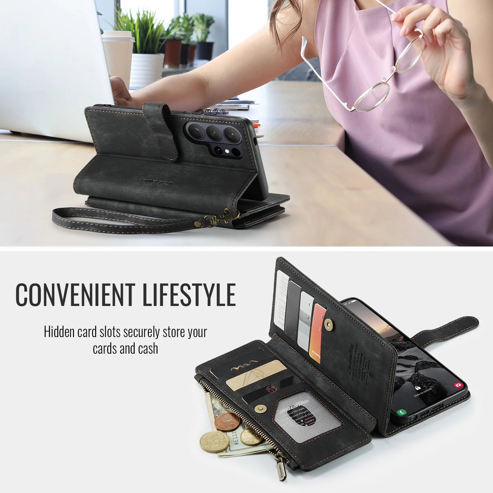 

CaseMe-C30 Phone Cases For Samsung GALAXY S26/S26 Plus/S26 Ultra ,PU Leather Wrise Wallet Case Card Slots Holder Cover Protector