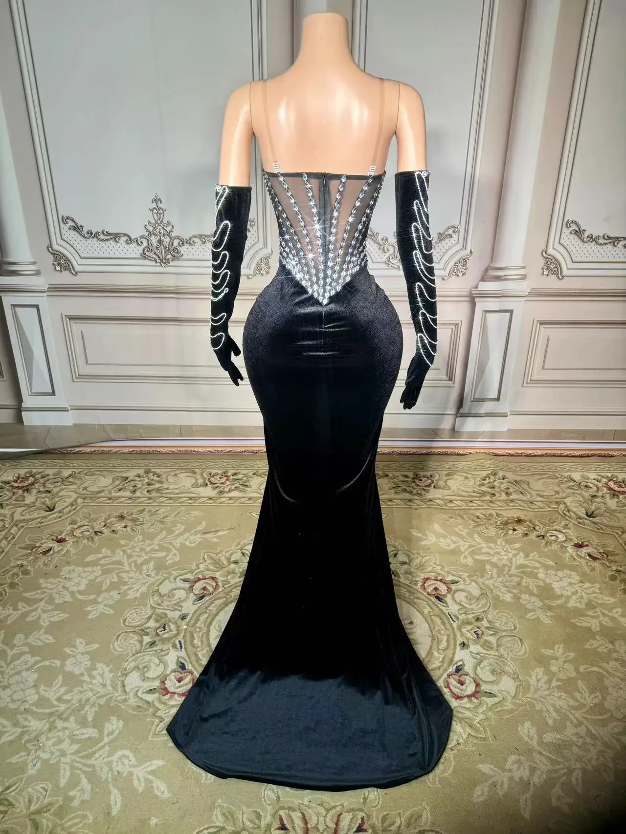 Transparent Mesh Slim Long Sleeve Women Dress Fashion Black Velvet Long Dress  Nightbar Club Party Dinner Wear Stage Costume