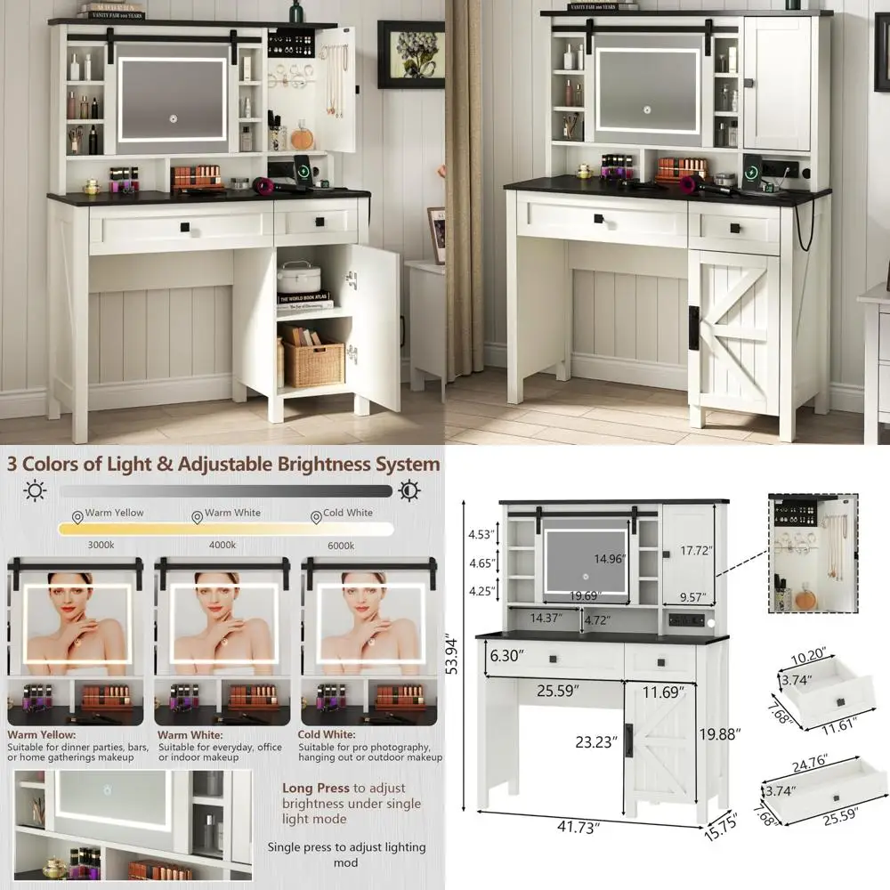 Makeup Vanity Desk with Sliding Mirror, Lighting, Power Outlet, Storage Drawers and Cabinets
