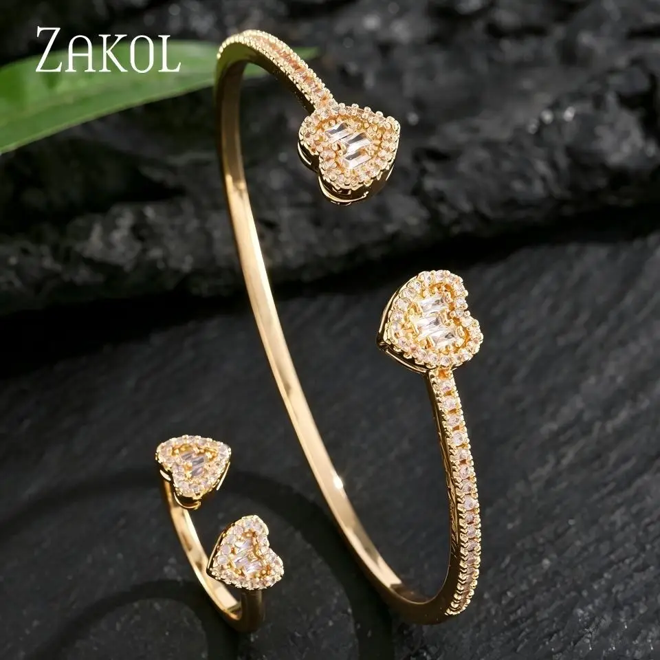 ZAKOL Luxury Double Heart Cubic Zircon Open Bangle Ring Set For Women Sparkling Stackable Hand Jewelry Wedding Anniversary Gift