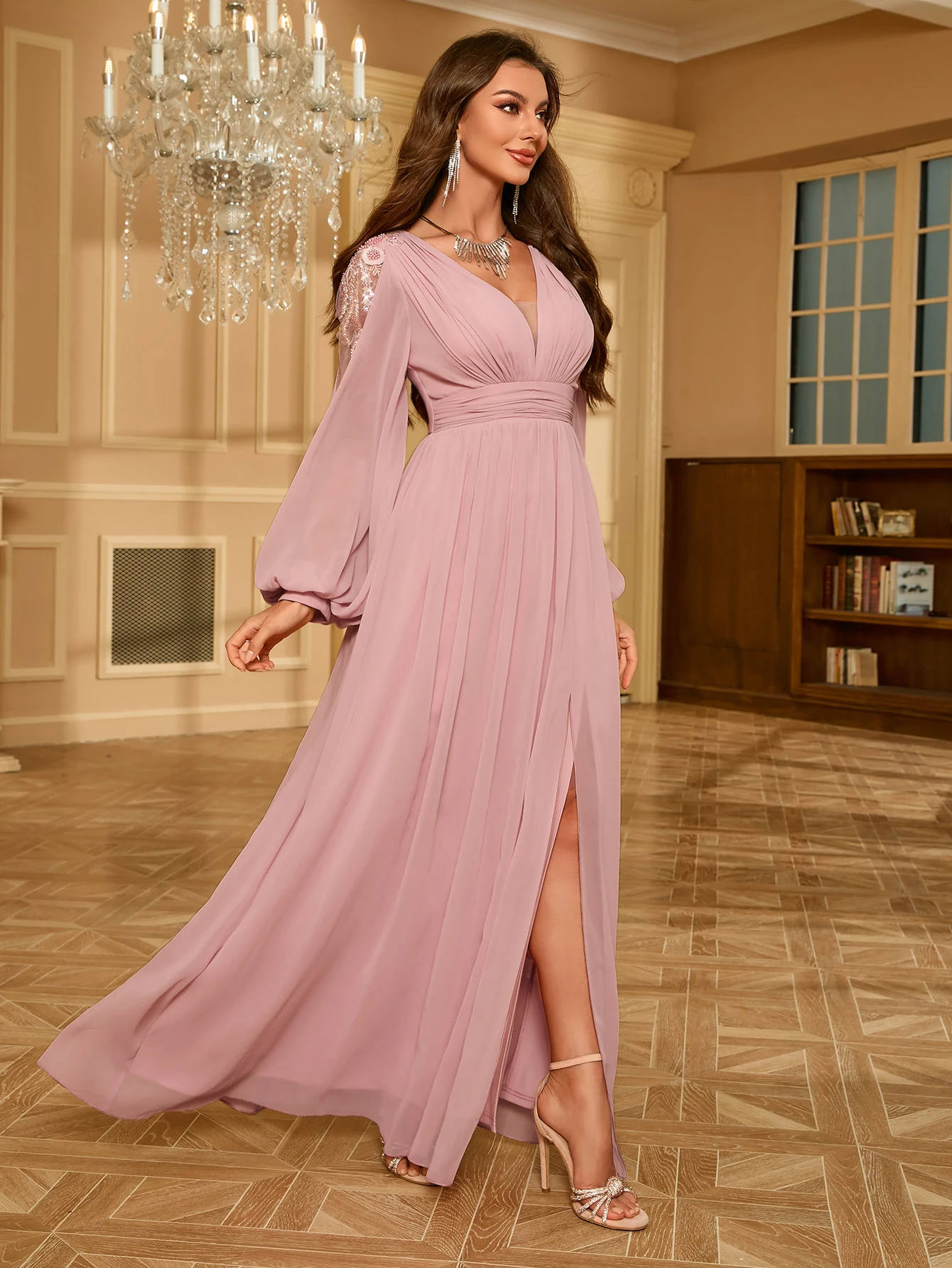 Unithorse Shoulder Embroidery Detail Decoration Lantern Sleeve High Slit Chiffon Bridesmaid Dress