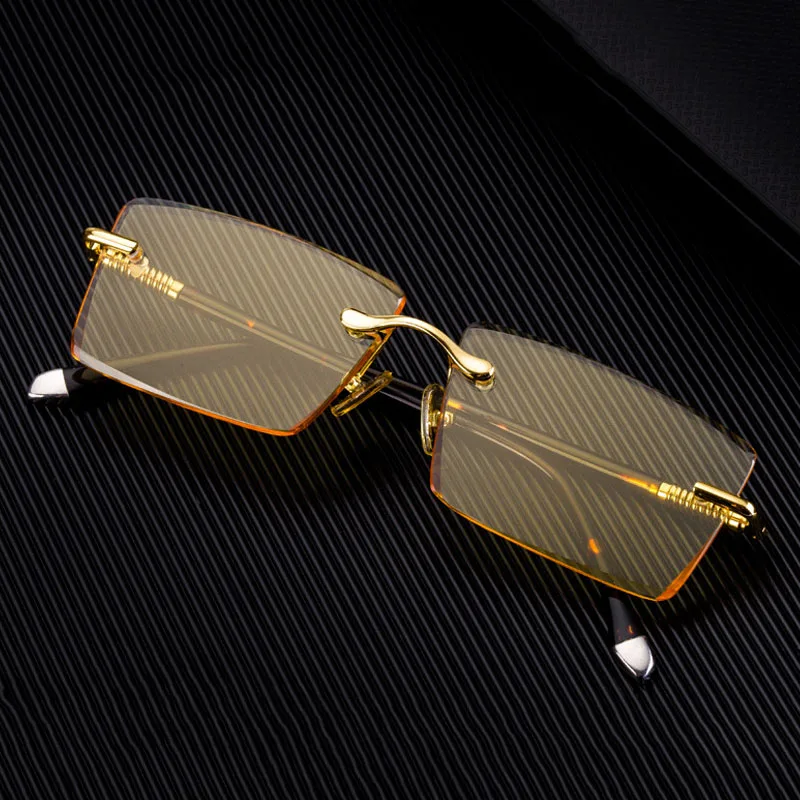 Glass Sunglasses Men Natural Crystal Stone Blue Yellow Lens Vintage Sunglasses for Men Retro Rimless Sunglasses Man Anti Scratch