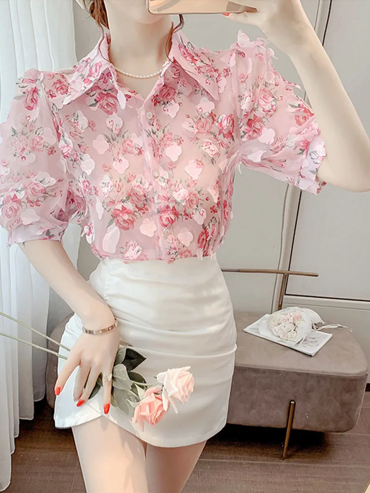 Spring Fashion Floral Turn-down Collar Long Sleeve Blouse Women Clothes Temperament Printing Perspective Shirts Femme Sweet Tops