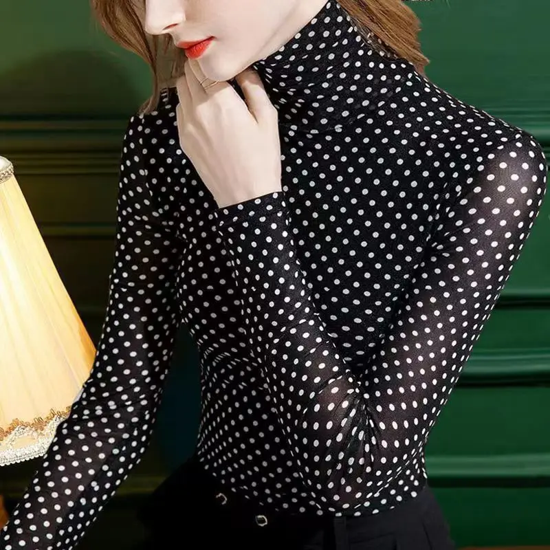 Elegant Turtleneck Printing Spliced Gauze Blouses Women Clothing 2023 Autumn Winter Loose Korean Tops Office Lady Shirts