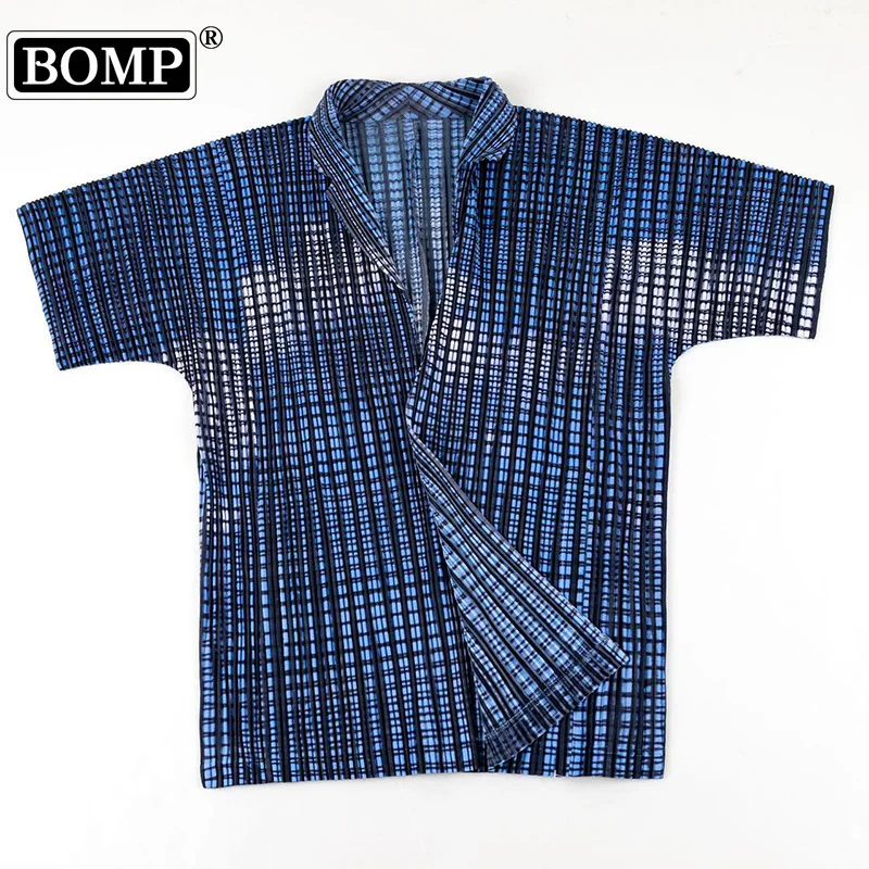 

[BOMP] Men's Cardigan Pleated Short Sleeved Spring/summer New Trend Printed Loose Checkered Shirt