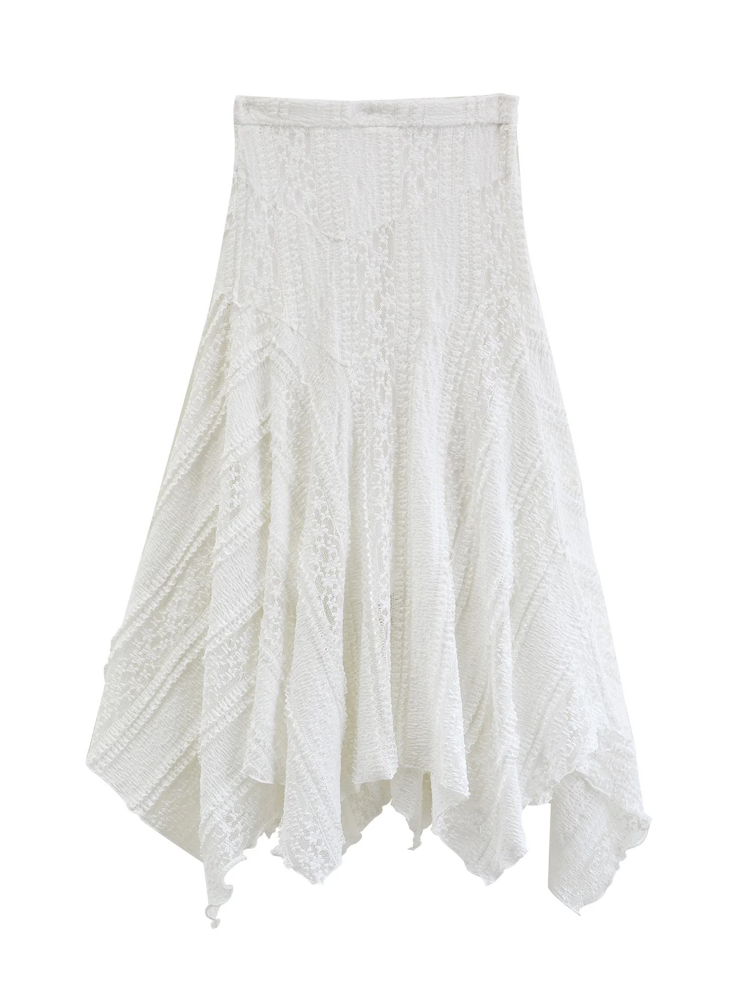 Women's Bias Cut Lace Panel Midi Skirt, Asymmetric Patchwork Hem