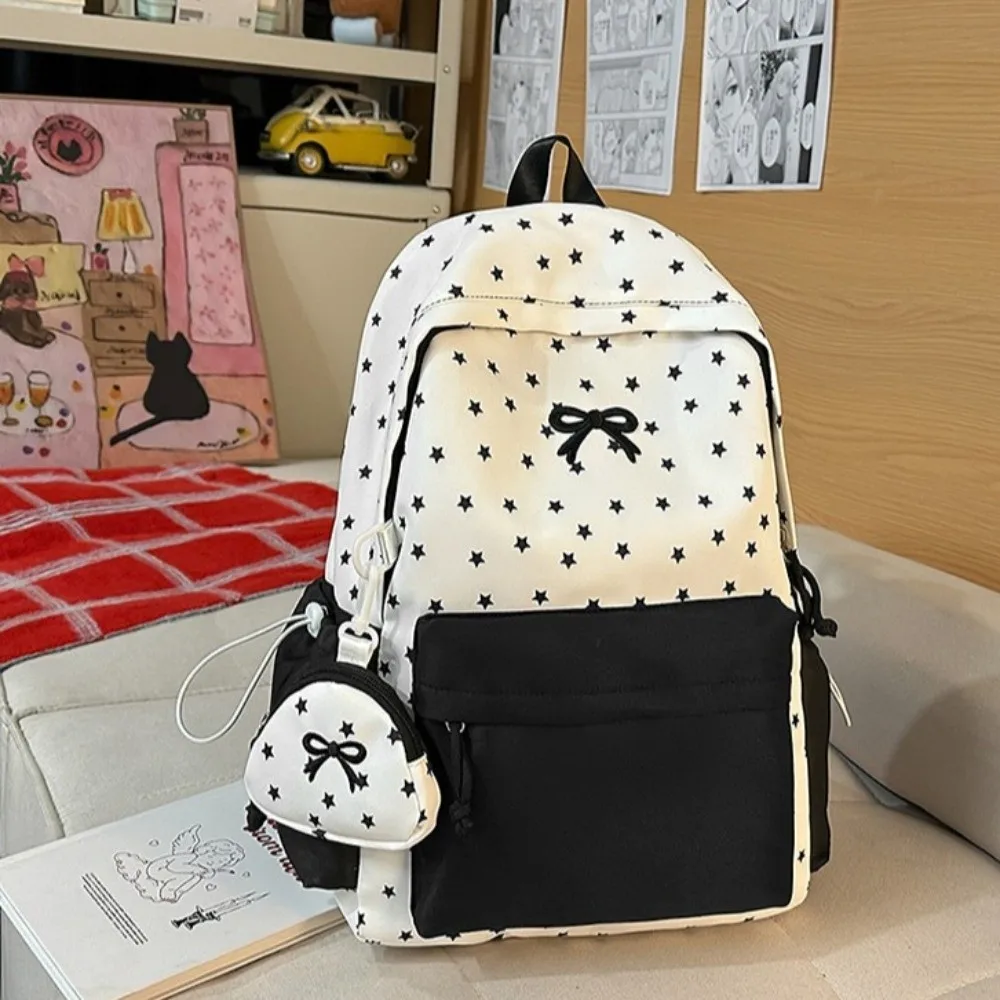 Large Capacity Bowknot Backpack with Wallet Lightweight Star Polka Dot Backpack Black Multifunctional Student Schoolbag Outdoor