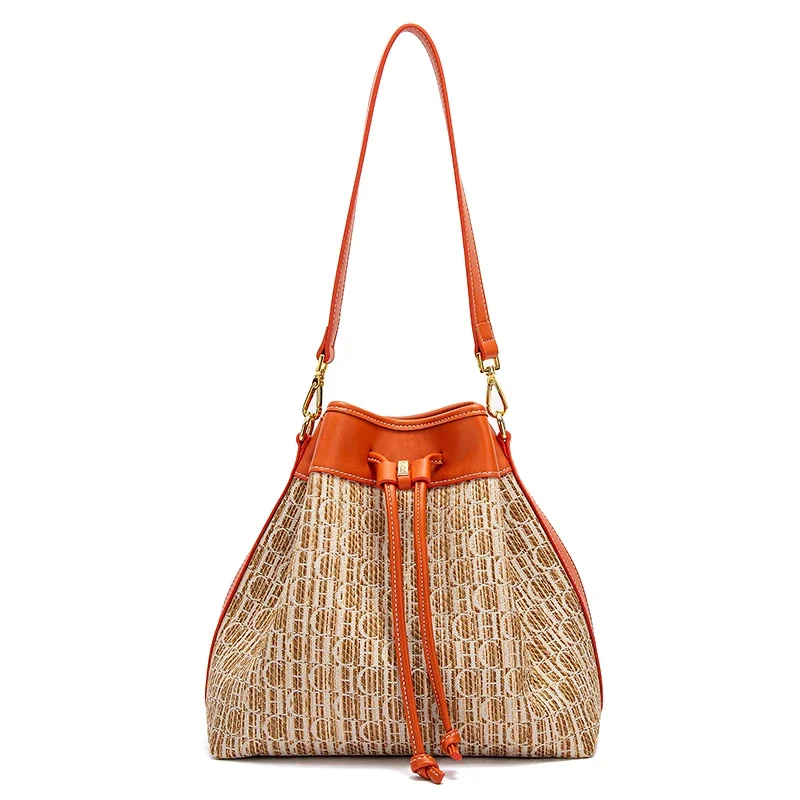 

C-H Woman Shoulder Bag Autumn New Knitted Texture Handbag Simple Brown Casual Drawstring Bag