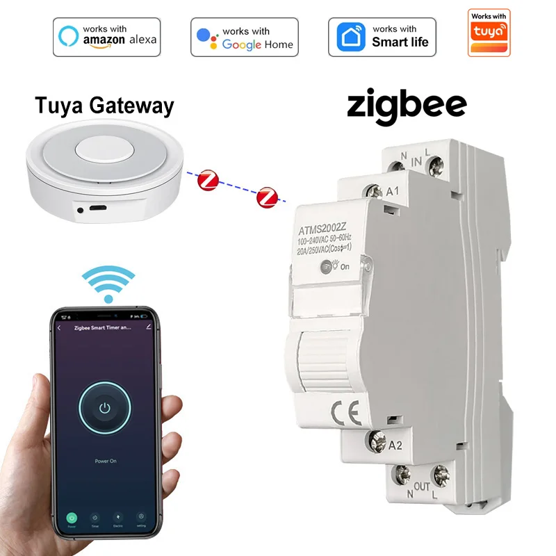 Smart ZigBee Switch Breaker 20A Din Rail Energy Monitor Meter Timer App Control Support ZigBee2MQTT Work with Tuya