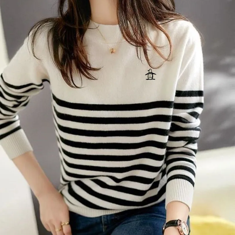 한국 골프의류 2024 Golf New Luxury Round Neck Women Windproof Knit Fashion Stripe Casual Blouse Autumn Golf Wear Women Golf Sweater