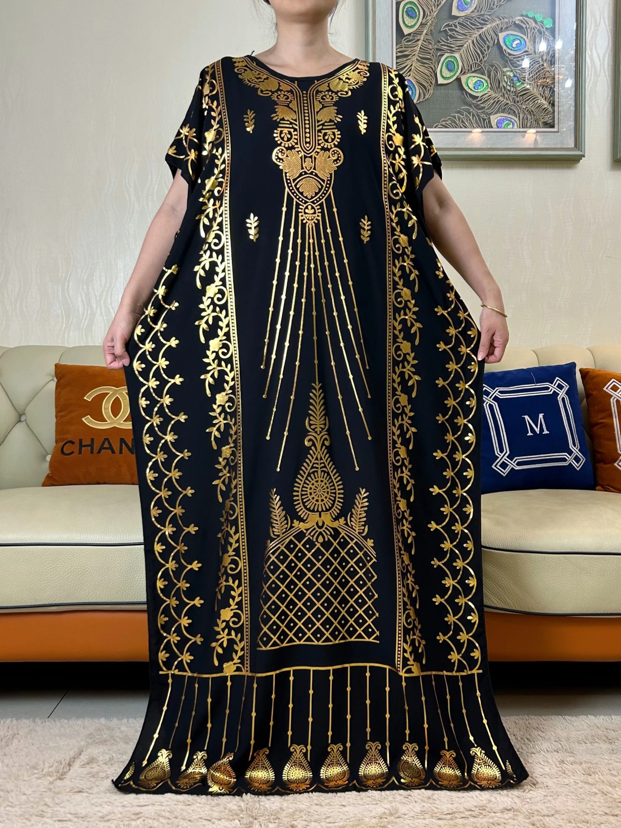 

New Muslim Women Short Sleeve Dashiki Dress Solid Cotton Gold Stamping Floral Boubou Maxi Islam Women Dress African Clothes