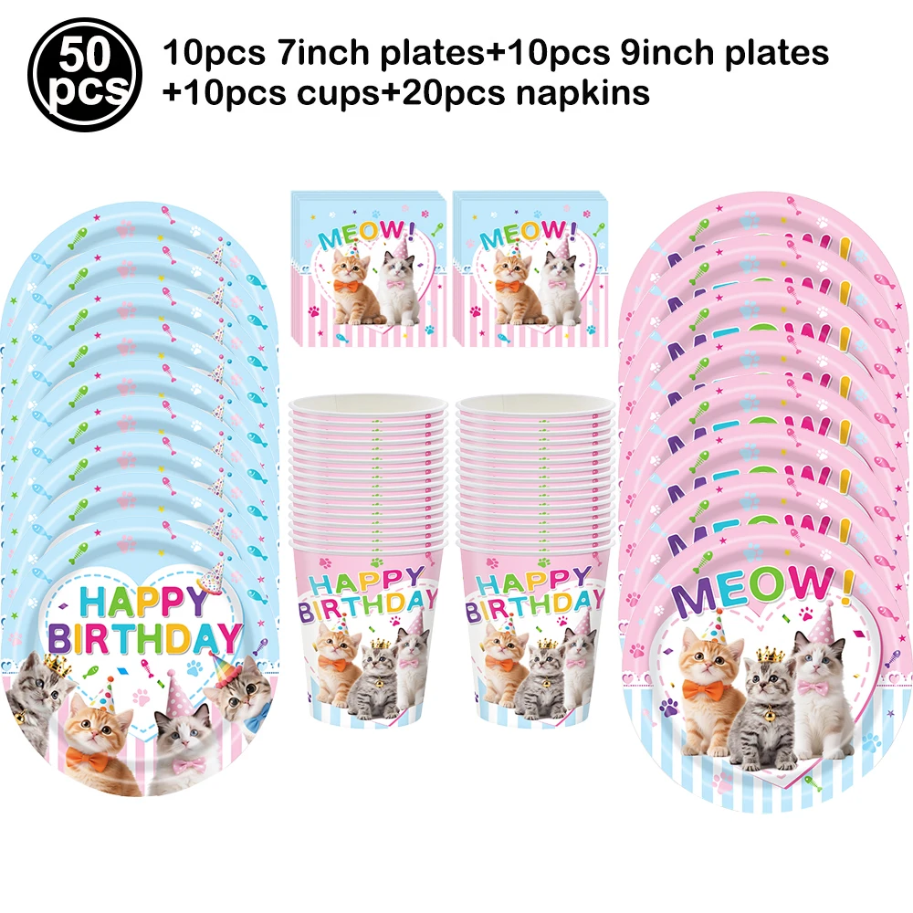 Katzen-Themen Einweggeschirr-Set Pappteller Becher Servietten Tischdecke Haustier Kätzchen Thema Kinder Geburtstag Party Dekoration Zubehör – Detail 2