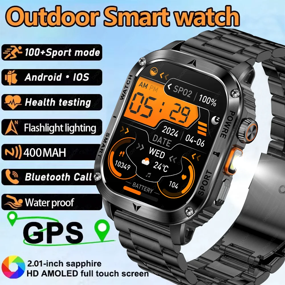 

2025 New Outdoor Flashlight Smart Watch Men 2.01” HD Screen 400mAh Bluetooth Call IP68 Waterproof Health Monitor Smartwatch Man