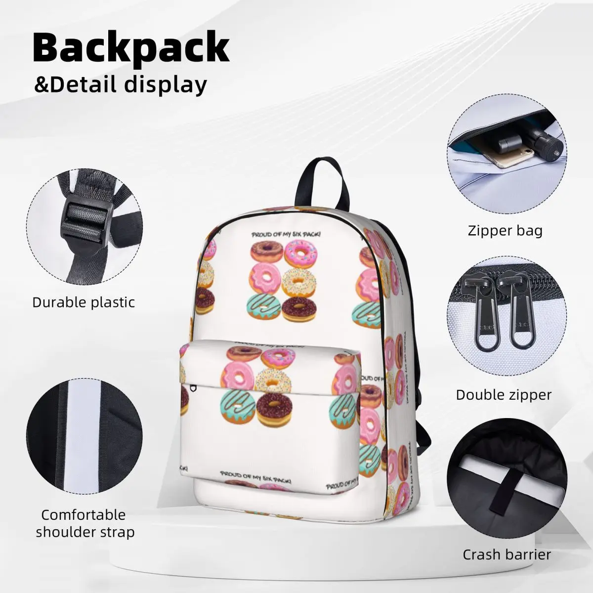 Proud Of My Six Pack. Donut Six Pack 2 Backpacks Student Book bag Shoulder Bag Travel Rucksack Waterproof Children School Bag