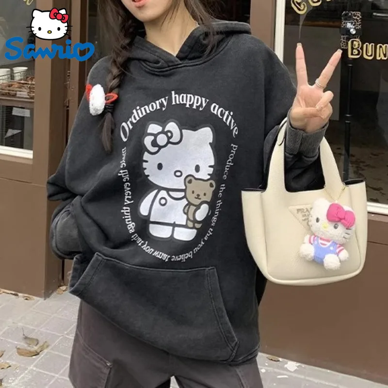 New Sanrio Hello Kitty Black Washed Distressed Printed Hoodies Y2k Spring Autumn Cute Trendy Loose Pullovers Long Sleeve Top