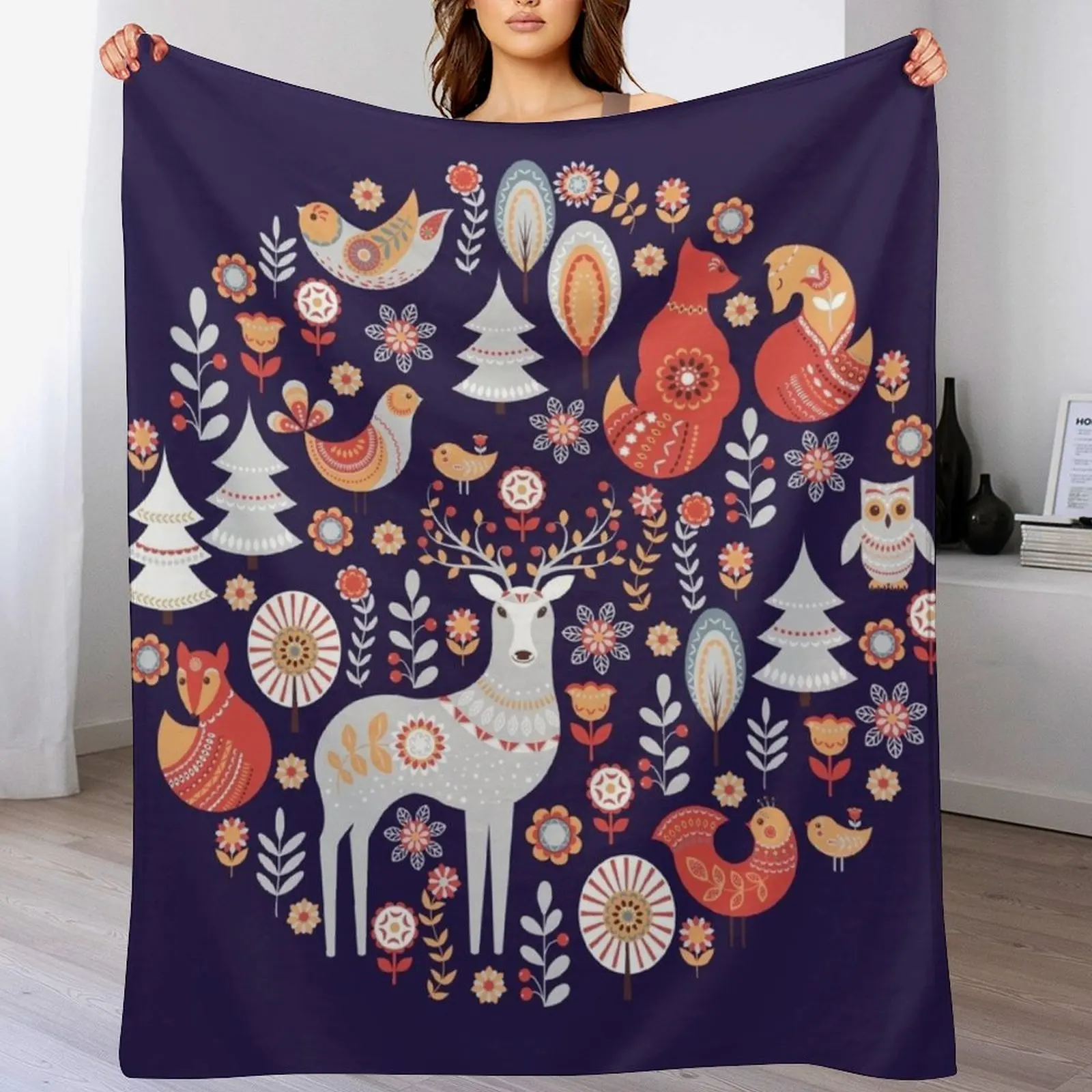 Fairy-tale forest. Foxes, deer, birds, owls, flowers and herbs on a blue background. Throw Blanket Thin Hairy Blankets