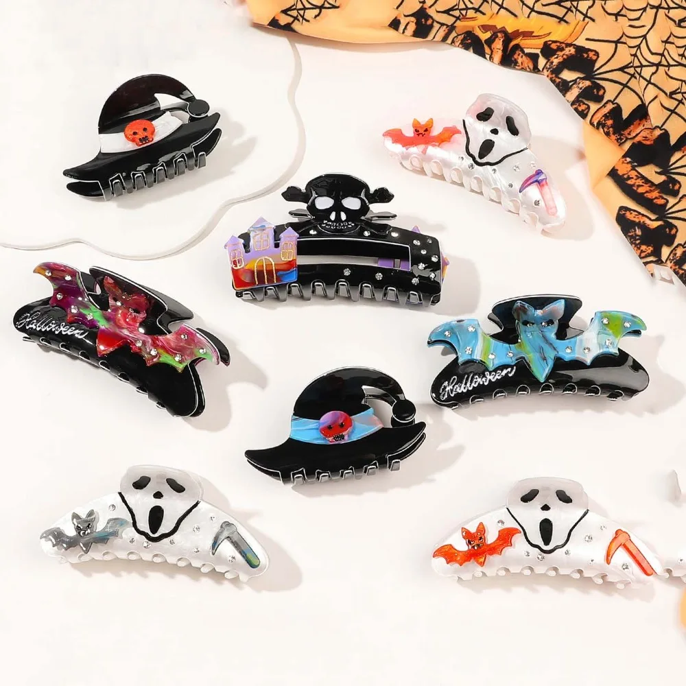 Acrylic Halloween Shark Clip Waterproof Contrast Color Skull Shark Clip Gradient Color Witch Hat Acetic Acid Hair Claw Headwear