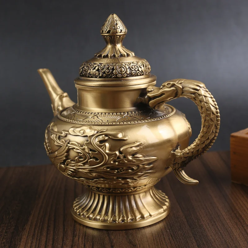 Brass Dragon and Phoenix Teapot Home Craft Metal Ornament Office Desktop Pure Copper Wine Pot Retro Copperware