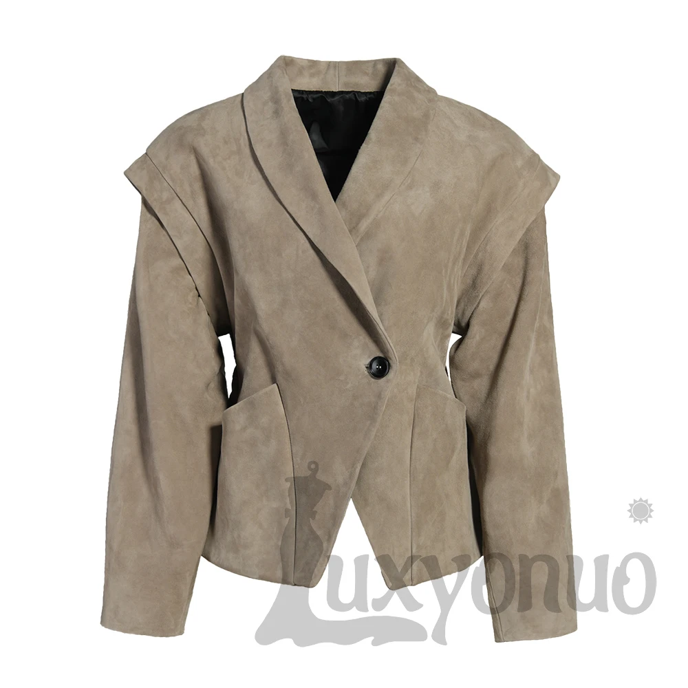 Luxyonuo Giacca in vera pelle scamosciata di lusso Autunno Cappotto blazer in vera pelle di pecora Giacca bomber oversize moda donna Nuovo arrivo