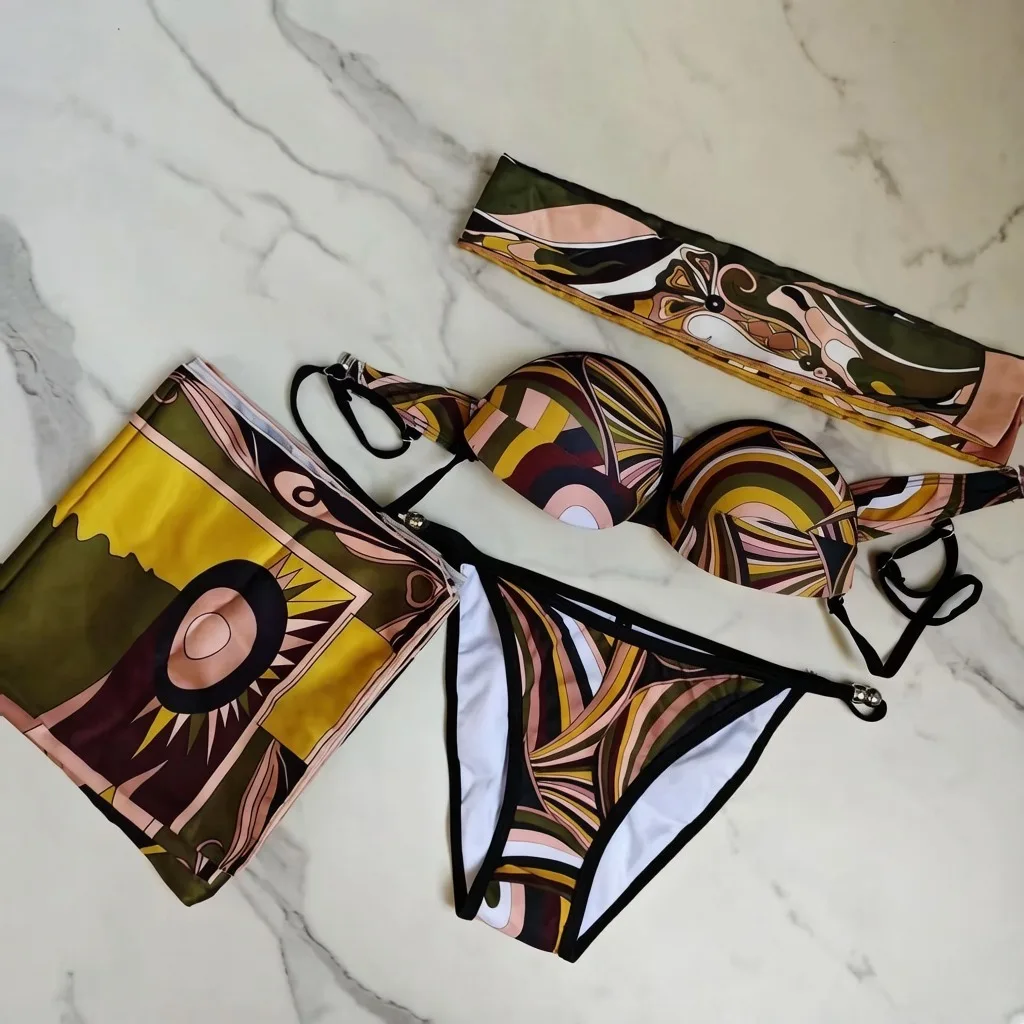 Luxury Design Women's Brown Scarf Swimsuit Letter Signature Logo Beachwear Designer Brand Lady Headband Bikini Sets Swimwear