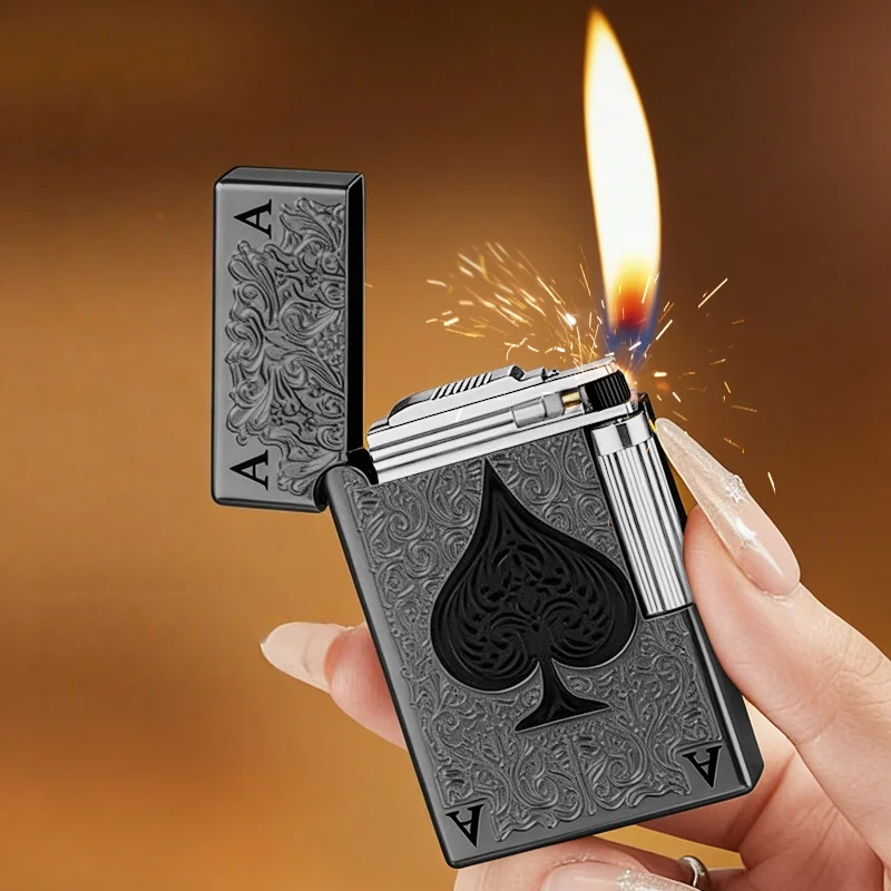 

Side Sliding Wheel Inflatable Loud Direct Metal Lighter Ace of Spades Playing Cards Grinding Machine Gadgets for Men