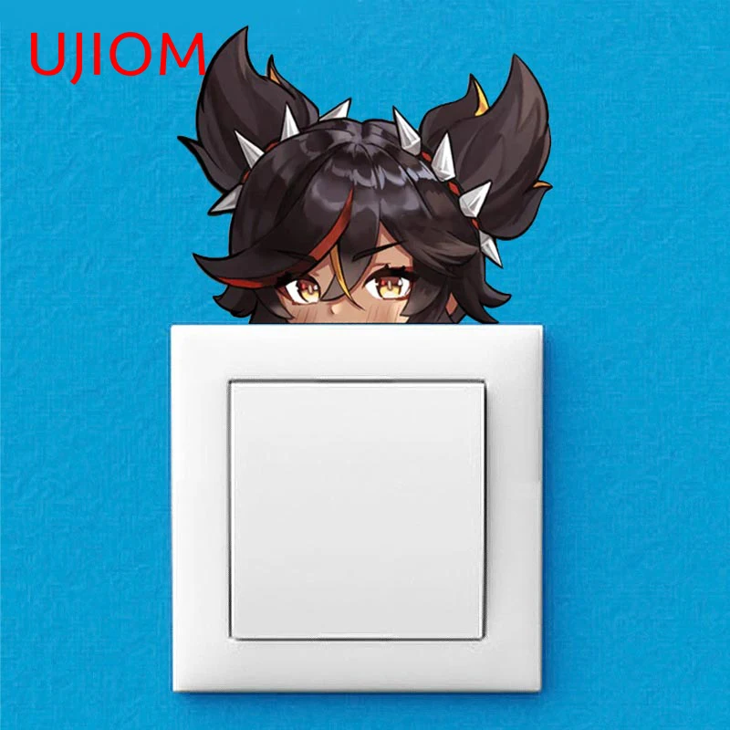 UJIOM 13cm X 11.1cm Genshin Impact Xinyan Kawayi Wall Peek Sticker Occlusion Scratch  Amusing Decal Switch Living Room Accessory