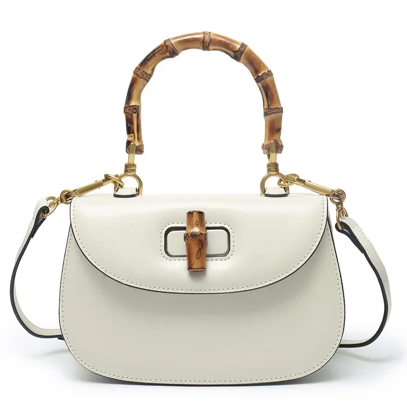 

New Leather Retro Fashion Personality Cowhide High-end Messenger Bamboo Handheld Bag Portable Saddle Bag Versatile Simple