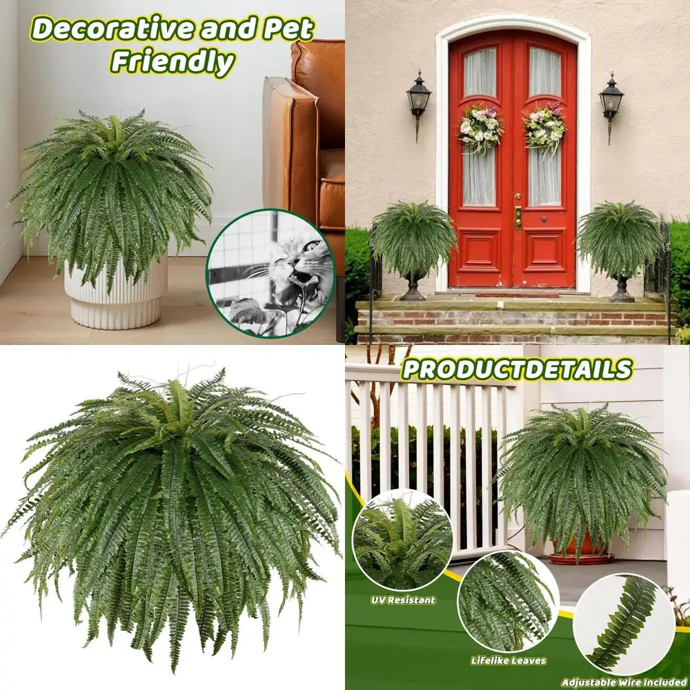 

50 Artificial Silk Fern with 128 Fronds, Lifelike Faux Boston Fern for Indoor & Outdoor Use, Greenery for Planters, Gardens, Off