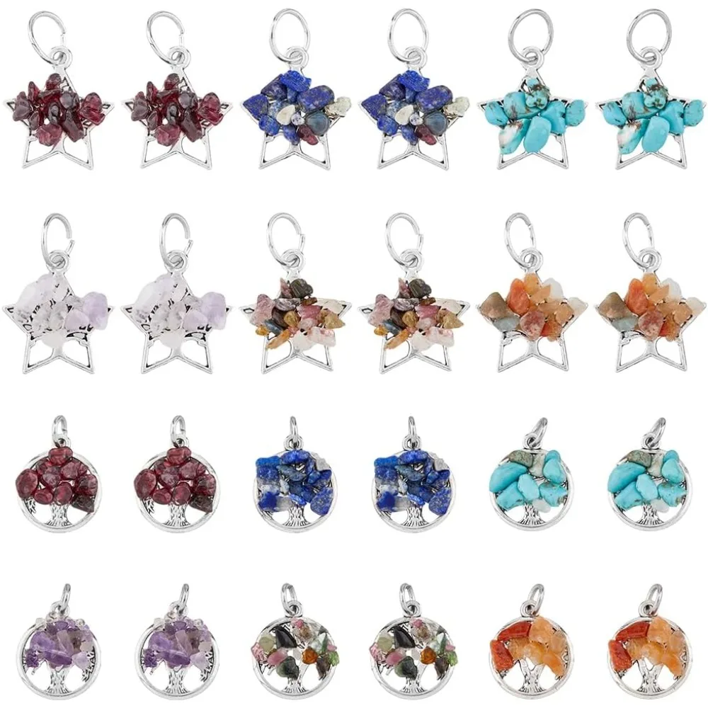 48Pcs 12 Styles Tree of Life Pendant Chakra Crystal Quartz Dangle Charms with Large Jump Rings Flat Round Star with Tree Charms