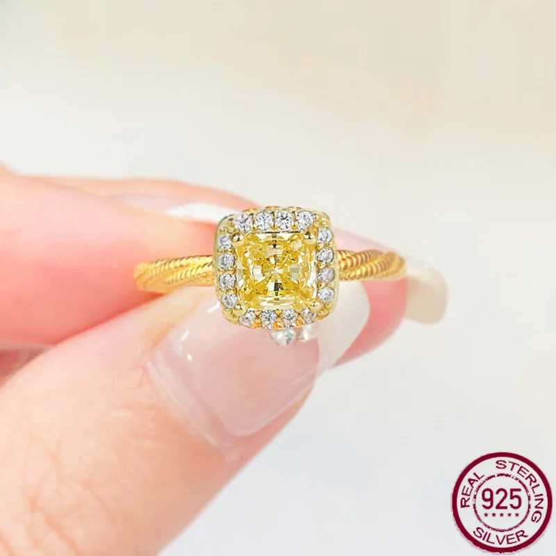 

New S925 Silver 5 * 5 Square Sugar Yellow Diamond High Carbon Diamond European and American Versatile Wedding Ring