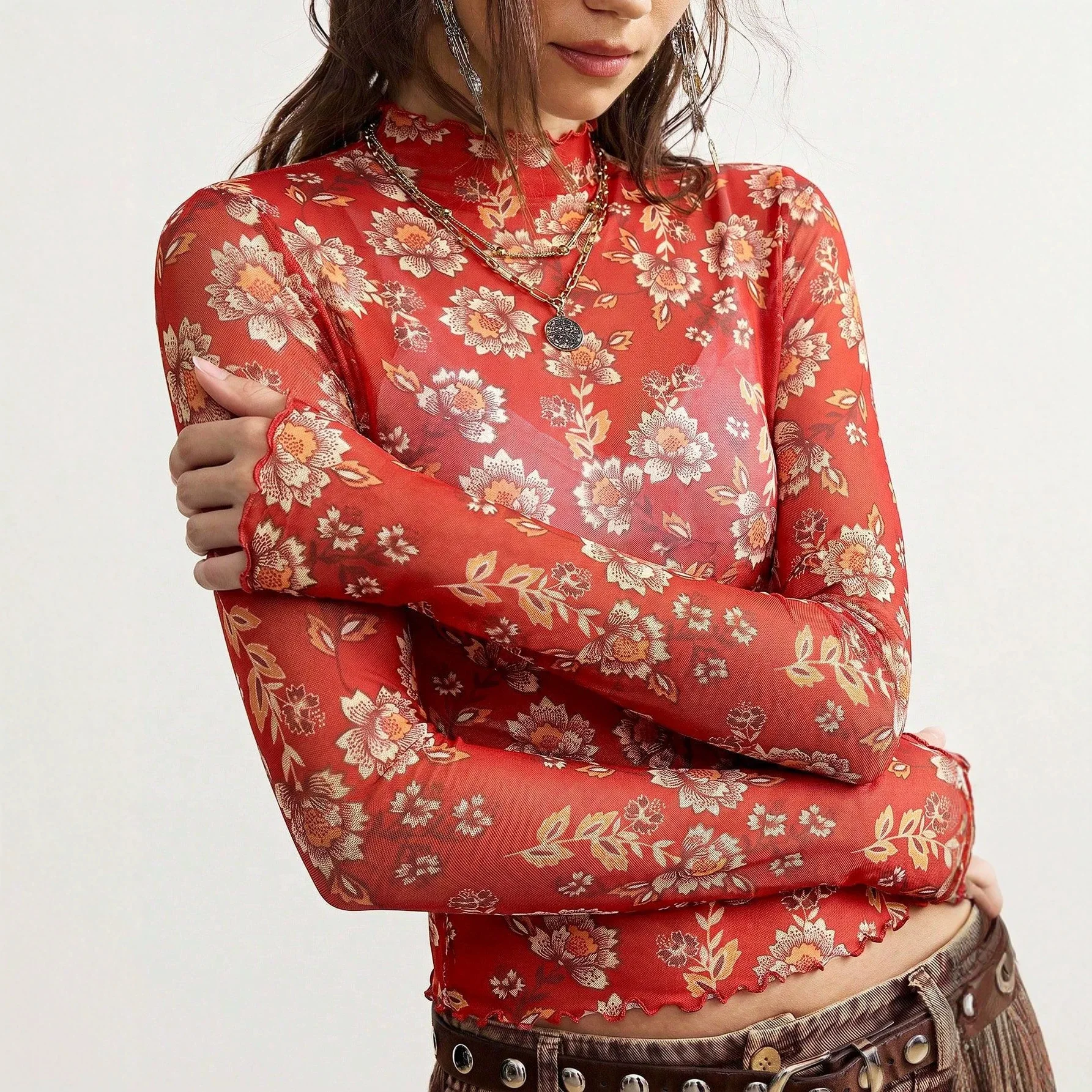 Ins2026 Autumn. New Fashion Floral. Print Mesh Top Smart Fit Long Sleeve T-shirt For Women. Wedding Dress Midi Clothing Prom