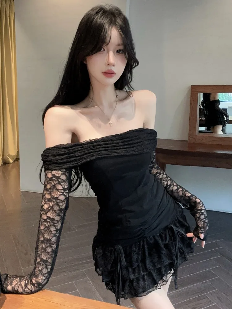 

Elegant Lace Mesh Splice One Shoulder Top High Waist Pleated Half Skirt Two Piece Set Women's Summer New Style Fashion Dress