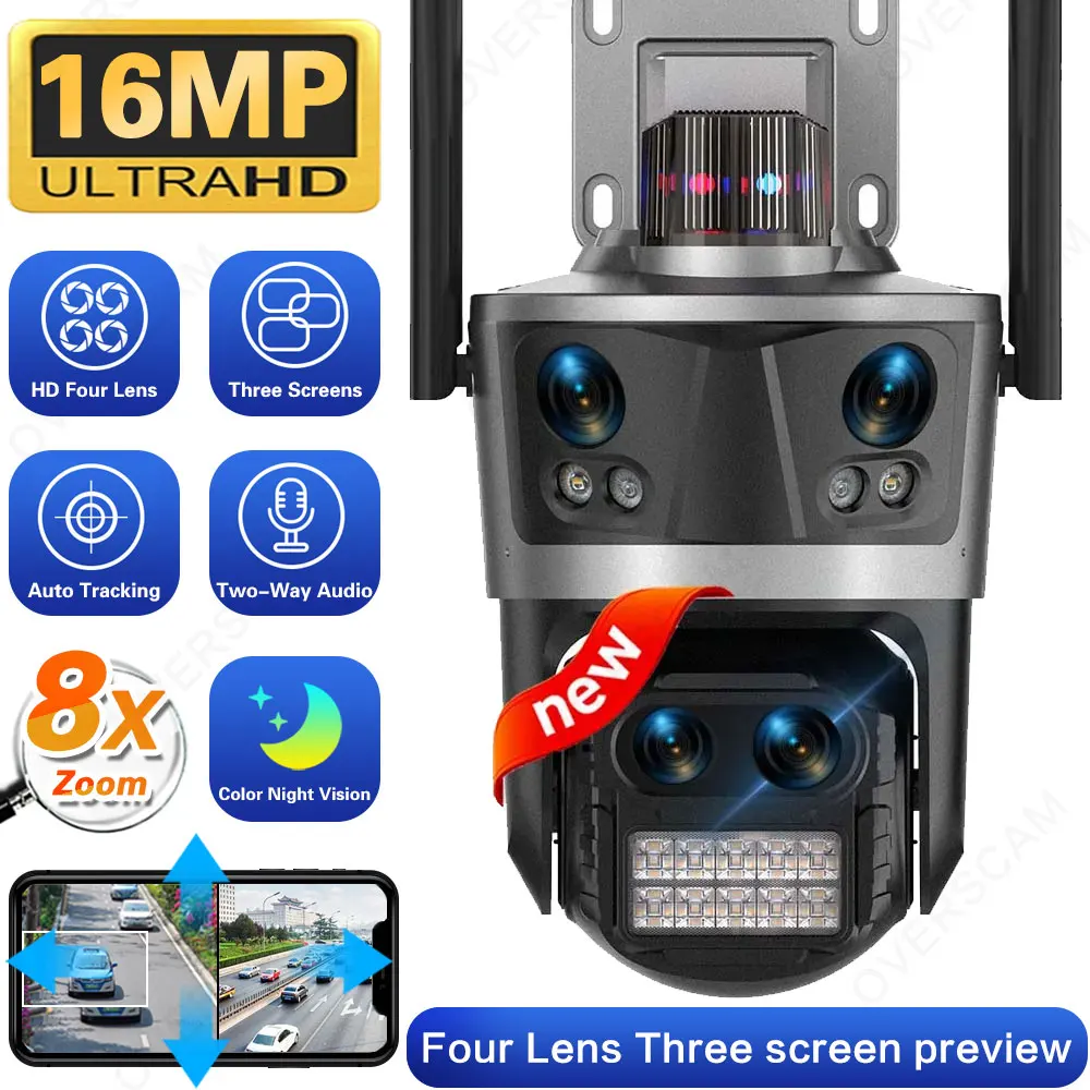 

8K 16MP WiFi Camera Outdoor Four Lens Four Screen Security CCTV Camera 8X Zoom Bluetooth Auto Tracking Video Surveillance ICsee