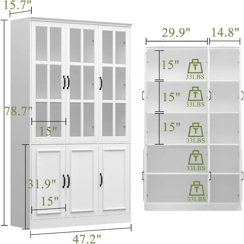 Tall Storage Cabinet with 3 Glass Doors and Adjustable Shelves, 47.2