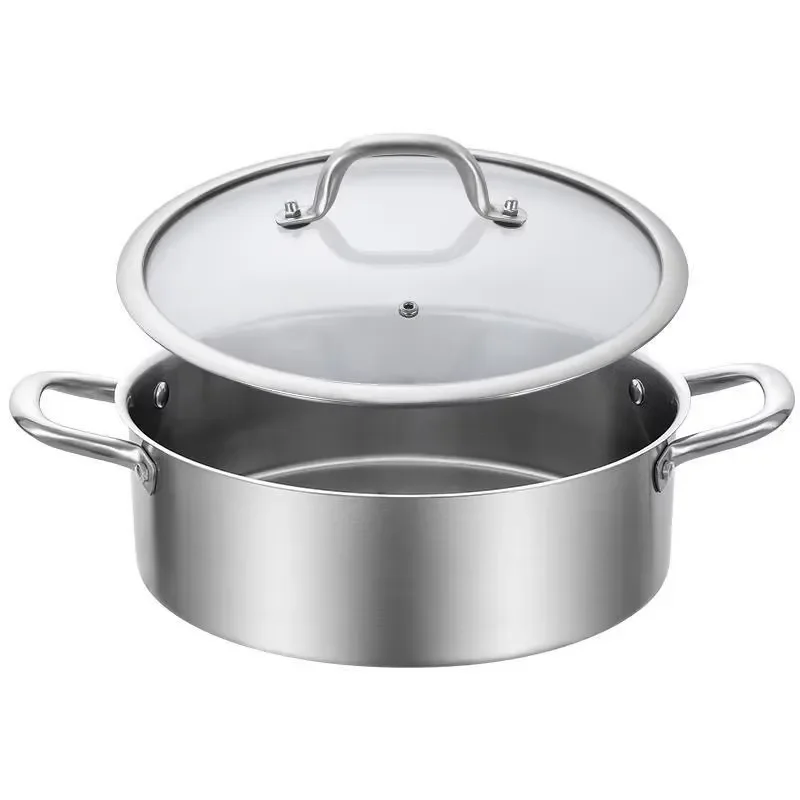 304 Stainless Steel Soup Pot Three Layer Thickened Bottom Large Capacity Cooking Pan With Glass Lid Compatible With All
