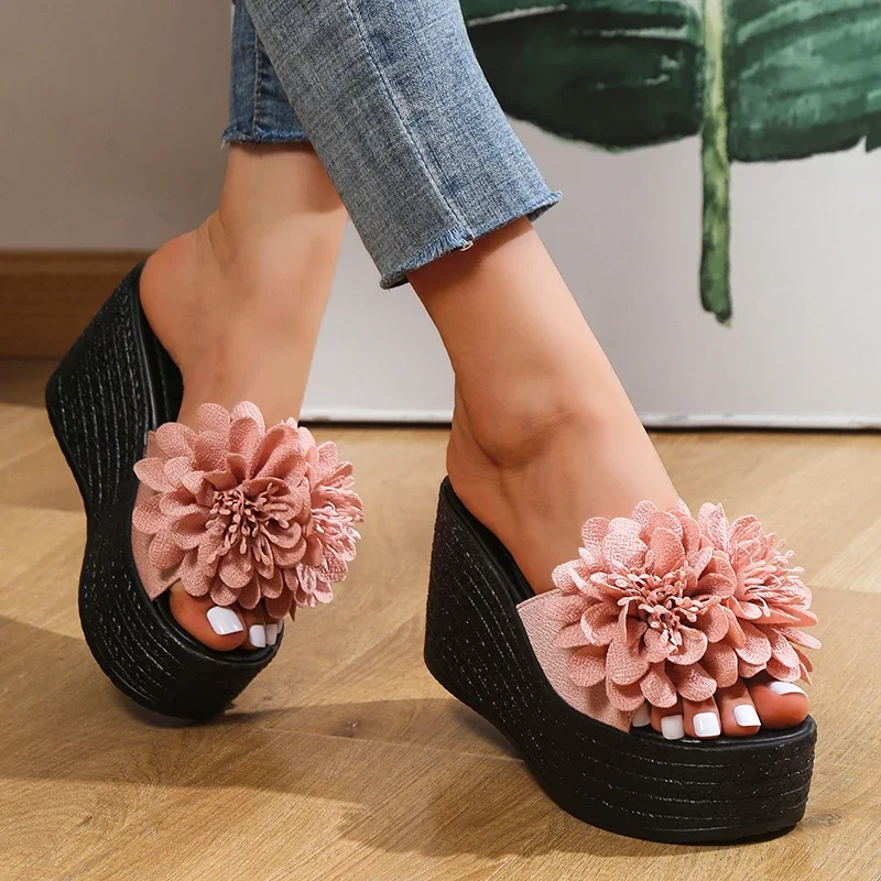 Sandalias de cuña, zapatillas de mujer, zapatos de plataforma de playa de verano, zapatillas de flores, zapatillas de tacón alto para mujer, moda