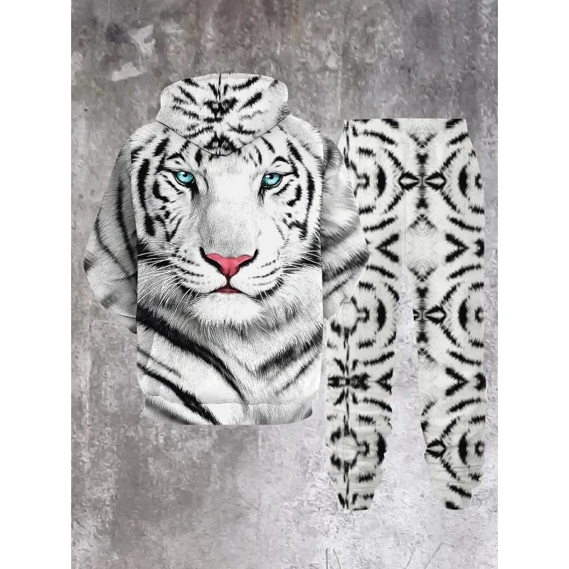 Masculino 3D Branco Tigre Escorpião Impresso Moda Sportswear Primavera e Outono Casual Calças Com Capuz Conjunto de Duas Peças