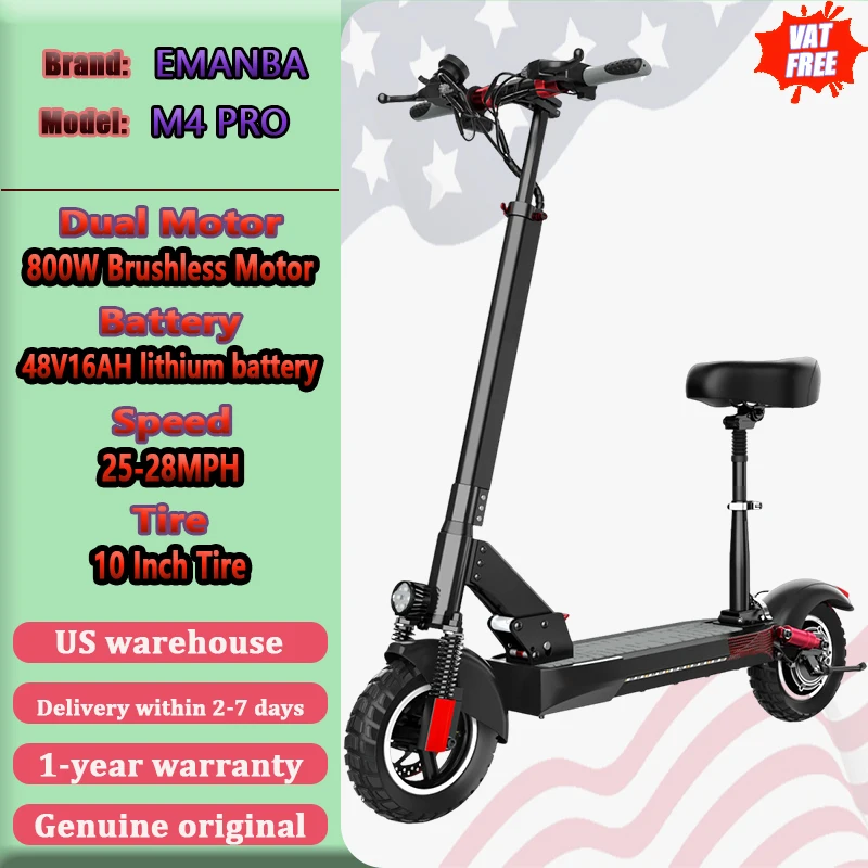 

Электрический самокат EMANBA M4 PRO, двигатель 800 Вт, 48 В, 16 Ач с сиденьем, складной электронный самокат, 10-дюймовый электрический самокат с шинами