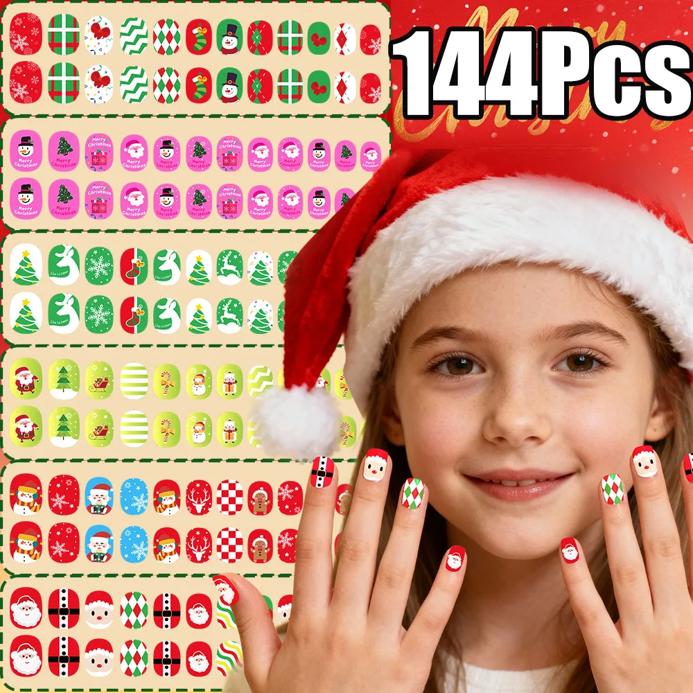 

144Pcs/Box Christmas Children Nail Tips Cartoon Snowman/Deer/Snowflakes Press On Nails Self-Adhesive Cute Girl Manicure Tips
