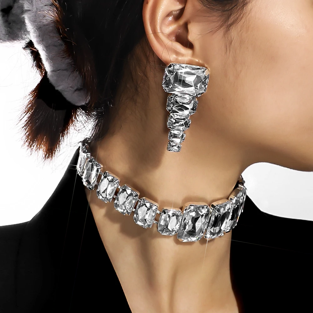

Luxury Square Crystal Jewelry Sets Women Party Accessories 2024 Fashion Show Exaggerate Bridal Necklace Earrings Set Gifts