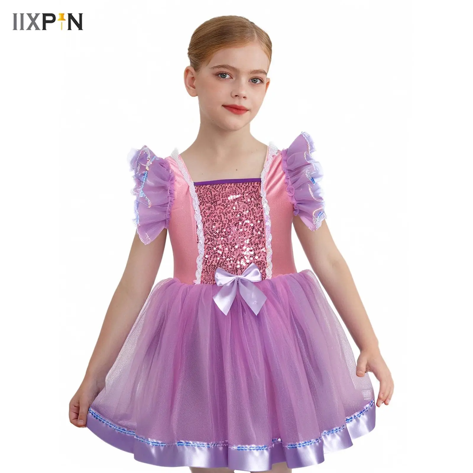 

3Pcs Kids Girls Ballet Dance Costume Outfit Ruffled Sleeves Shiny Sequins Bodice Bowknot Layered Tutu Dress+Headwear+Pantyhose