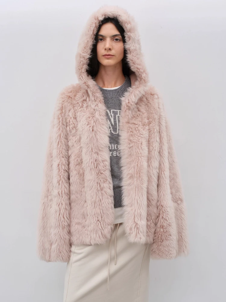 

High-end Luxury Toscana Lamb Fur Hooded Winter Jackets for Women 2026 New Simple Loose Fluffy Warm Genuine Leather Real Fur Coat