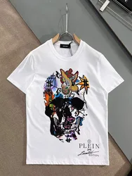 AlexPlein Skulls Rhinestones Embroidery Diamond Men's Fashion Clothing Crew Neck 2022 Summer Streetwear 100% Cotton Slim Tshirt