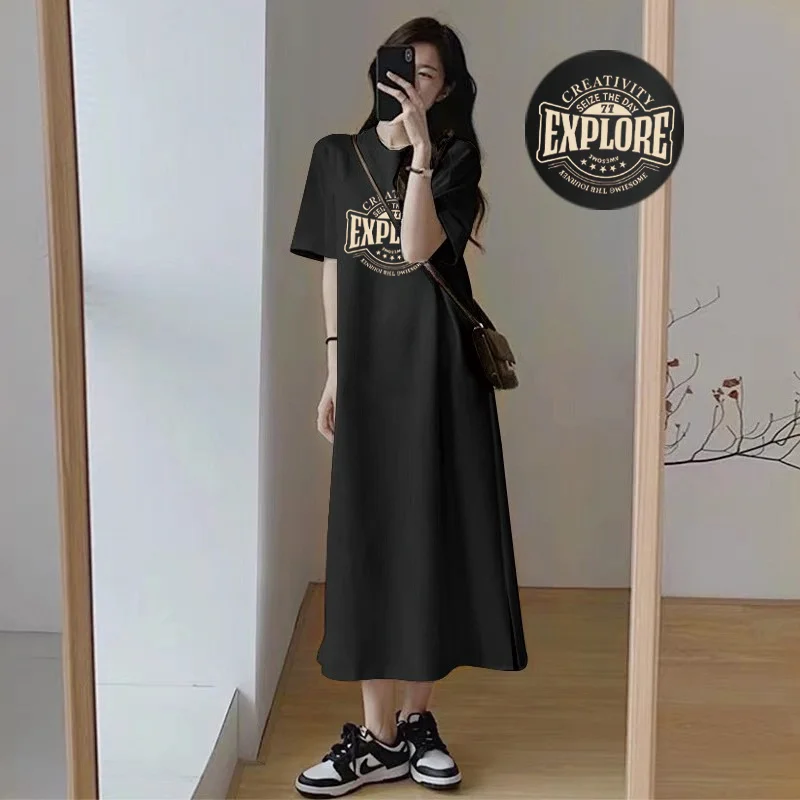 Summer Women Letter Graphic Print Maxi Tshirt Dress Short Sleeve Loose Fit Casual Long Dress Daily Wear