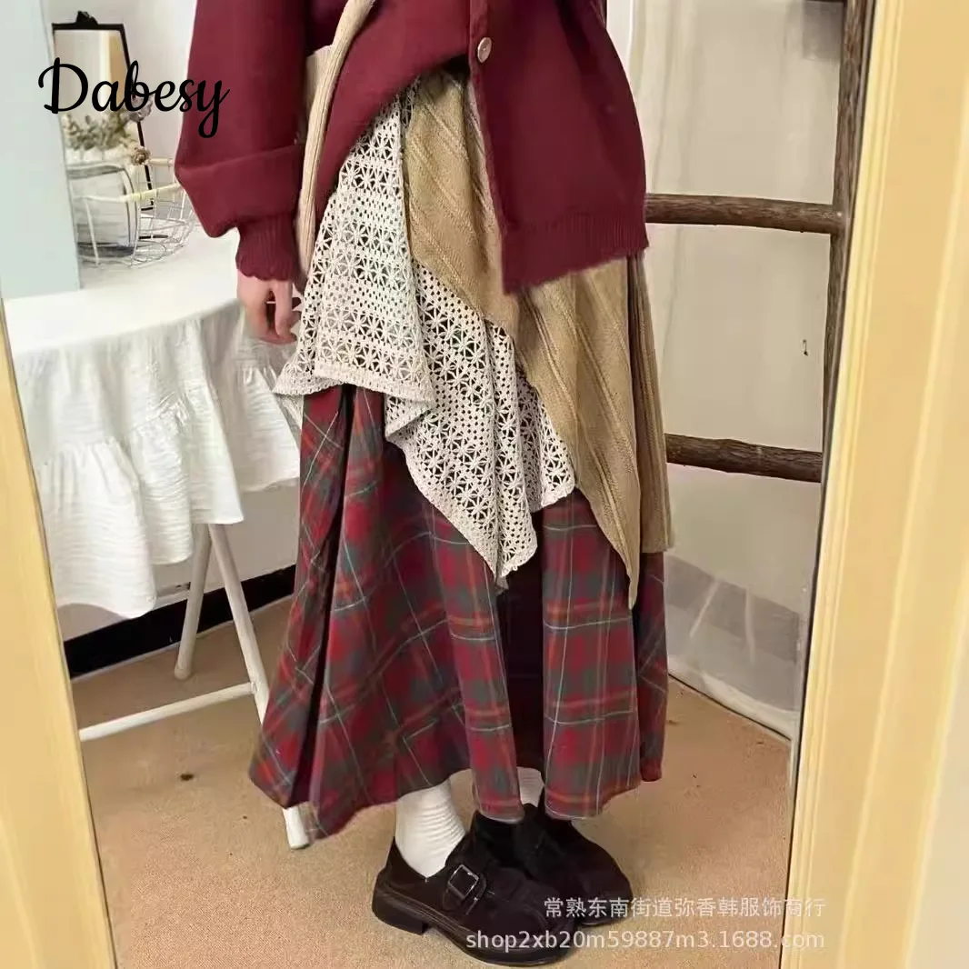 

Vintage Plaid Irregularity Cake Skirt Women Japan Mori Multi-layer Patchwork High Waist Kawaii A-line Skirt Faldas Mujer Faldone