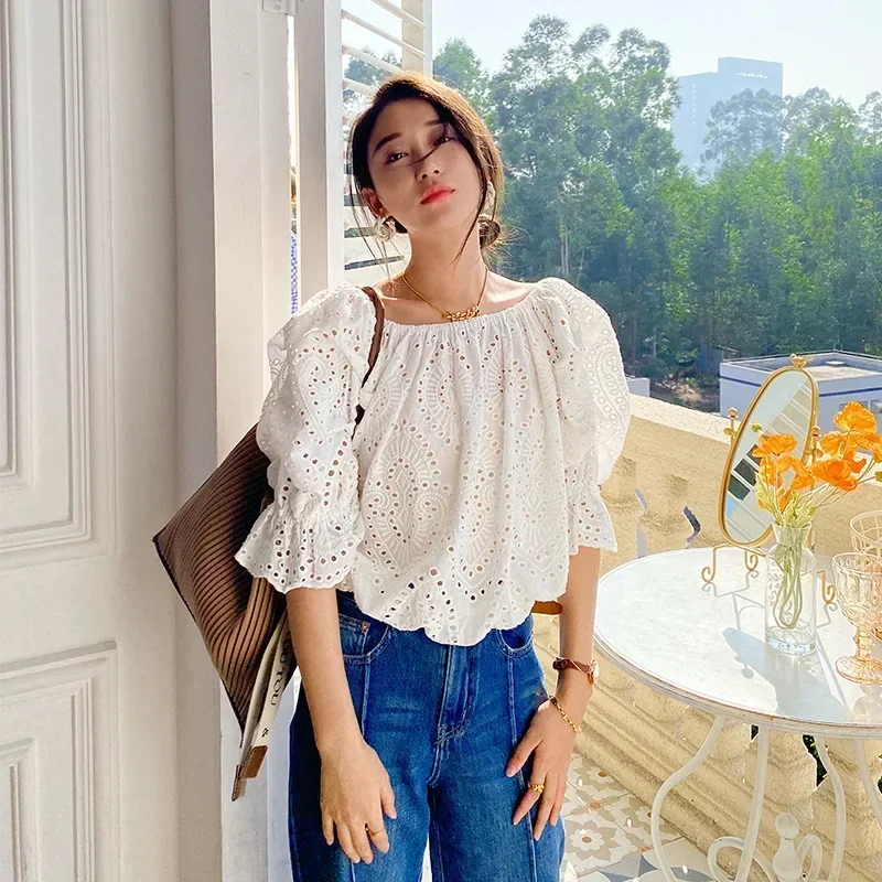 

Cotton Elegant Chic Blouse Shirt White Embroidery Hollow Out Women Blouse Lantern Sleeve Boho Sexy Ladies Top Shirt