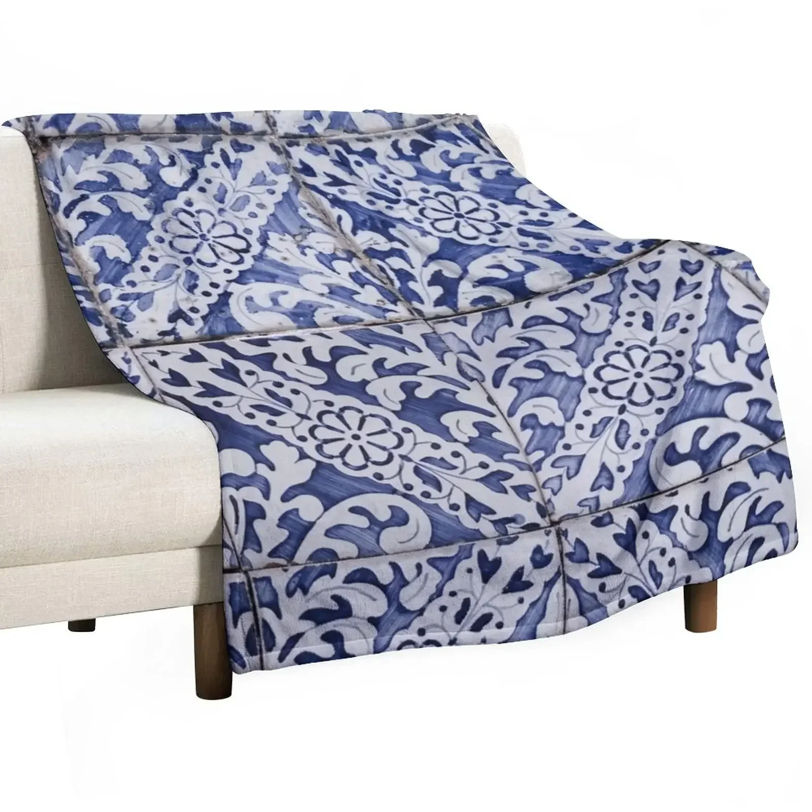 Portuguese Tiles Pattern - Azulejo Blue and White Floral Leaf Design Throw Blanket for babies Decorative Sofas Blankets