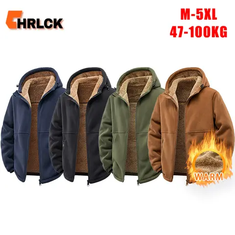 CHRLCK Plus Size Men's Hooded Thermal Jacket Outdoor Windproof Fleece Thickened Casual Jacket Men Solid Color Warm Winter Coat