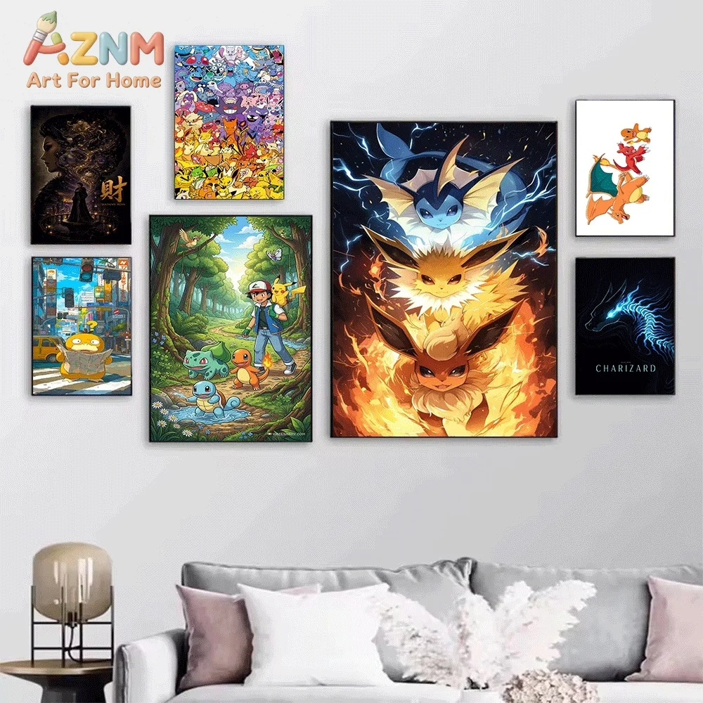 Anime Pokemon Eeveelutions Comic Panel Canvas Wall Art, Cute Eevee Evolution Pocket Monster Frameless Canvas Painting for Kids